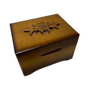 Vintage Reuge wood hinged music box 4" x 3" Hand Carved Floral Switzerland